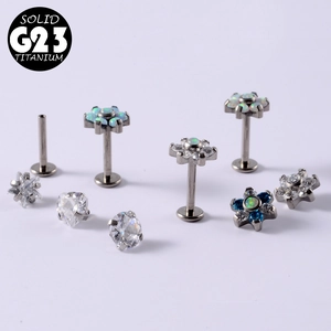 Solid G23 titanium labret studs set with opal and zircon in heart and flower shapes