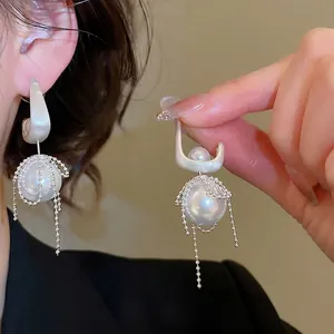 Artificial Pearl Tassel Earrings With Silver Earring Post Bowknot French Vintage Elegant Long Fringe Jewelry For Women