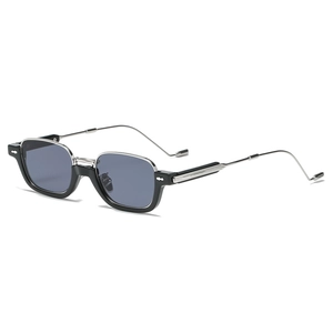 Minimalist black rectangular sunglasses with silver metal temples and grey lenses