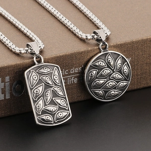 Retro punk square stainless steel Evil Eye pendant necklace with gothic silver relief design