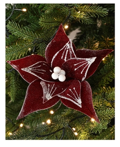 Detail of burgundy velvet Christmas flower with silver glitter edges and white berries