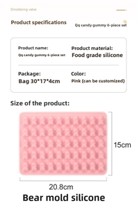 Detailed size parameters of pink food-grade silicone gummy bear mold set with dimensions
