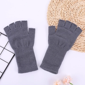 Fashionable long grey knit fingerless gloves for women in winter with a solid color design