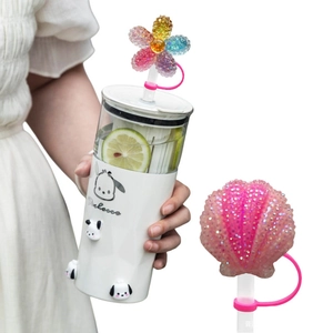 White Pochacco cup featuring decorative glitter flower and shell 10mm straw toppers
