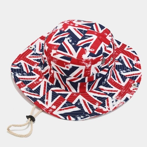 Union Jack pattern wide brim cowboy style fisherman hat with adjustable windproof rope