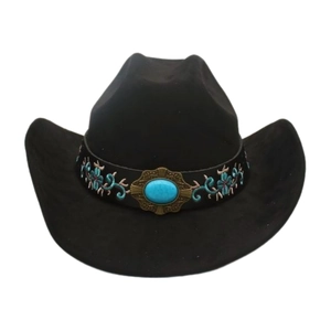 Detail of western fedora hat featuring blue floral embroidery and an oval gemstone buckle