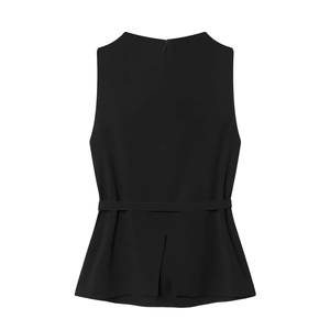 Women's black sleeveless turtleneck top with matching belt and sleek back zipper detail