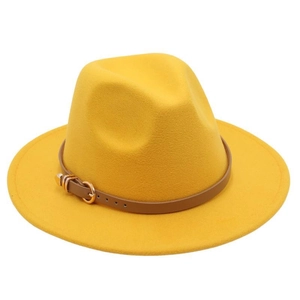 Detail of bright yellow wool fedora hat with brown leather band and gold buckle accent