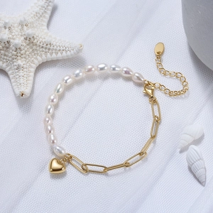 925 Sterling Silver Bracelet Natural Baroque Freshwater Pearl Paperclip Chain Heart Pendant Adjustable Jewelry For Women