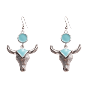 Vintage silver bull head earrings with turquoise enamel in a bohemian western style