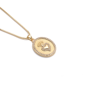 Golden box chain necklace with oval burning heart pendant and zircon stones