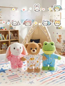 Detailed view of plush rabbit, bear, and frog toys wearing cute printed pajamas in a nursery