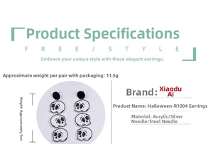 Detailed view of Halloween triple acrylic skulls earrings with size and material specs