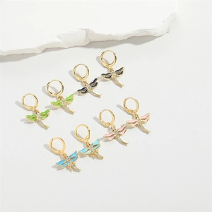French vintage style dragonfly earrings with colorful enamel wings and crystal accents