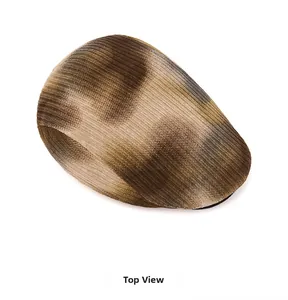 Top view of vintage tie-dye knit newsboy cap showing textured brown and grey fabric