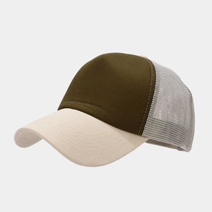 Detail of olive green and beige trucker hat showing breathable mesh and curved brim