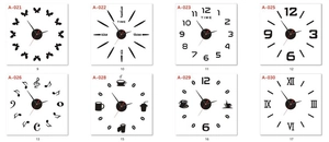 Detailed catalog of 8 black acrylic DIY wall clock designs including Roman and Arabic styles