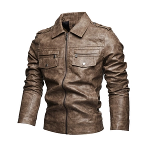 Schmal geschnittene dunkelbraune PU-Lederjacke für Herren mit Stehkragen im Vintage-Stil