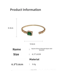 Detail view of emerald green square zircon bangle with copper gold plating and dimensions