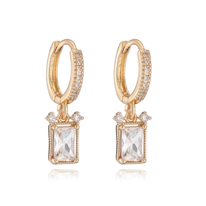 Elegant 18K gold plated hoop earrings with rectangular zircon pendant and crystal accents