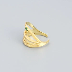 Irregular double-layer S925 sterling silver gold ring with green gemstone inlay