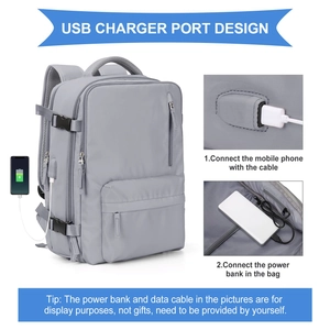 Detail showing the external USB charging port and internal power bank connection of travel bag