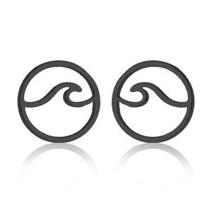 Minimalist black stainless steel circular stud earrings with hollow wave geometric pattern