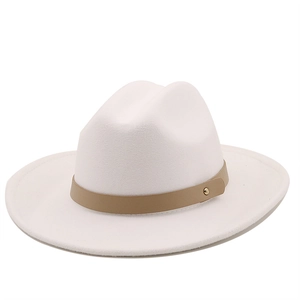 Detail view of white wool fedora hat featuring light khaki leather band and gold rivet