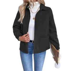 Close-up of black women jacket featuring lapel collar, front zipper, and large flap pockets
