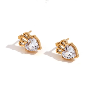 18K gold plated stainless steel heart crown earrings with marquise cubic zirconia