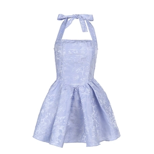 Elegant lavender halter jacquard dress with back bow and slim fit A-line silhouette