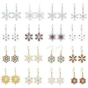 Christmas Snowflake Earrings Zinc Alloy Inlaid Rhinestone Enamel Hook Dangle Winter Jewelry Women