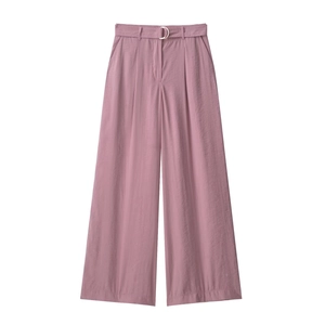Women's high waist wide leg pants in dusty pink with matching D-ring belt and draped fabric