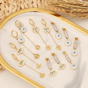 Evil Eye Earrings Stainless Steel Gold Plated Cubic Zirconia Long Tassel Heart Shape Boho Trendy Jewelry For Women