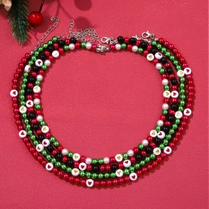 Christmas Beaded Necklace Heart Pattern Faux Artificial Pearl Colorful Clavicle Chain Holiday Jewelry For Women