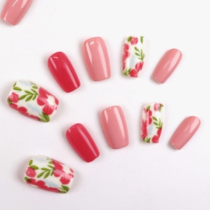 Floral print and solid pink press-on nails set in short square shape for women