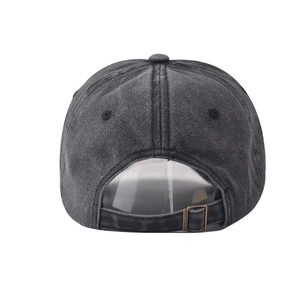 Detail view of the vintage washed cotton baseball cap with adjustable metal buckle back