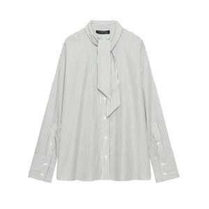Women Striped Shirt Polyester Long Sleeve Scarf Bow Tie Neck Button Up Office Elegant Blouse