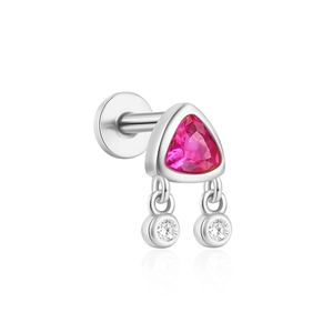 Detailed shot of S925 silver ear stud with pink triangle gem and dangling round crystals