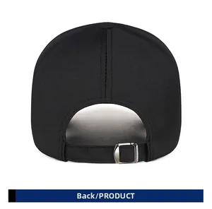 Detail view of black business baseball cap back with adjustable silver metal buckle