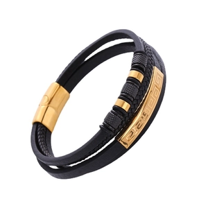 Men's multilayer black braided leather bracelet with gold Greek meander pattern charm