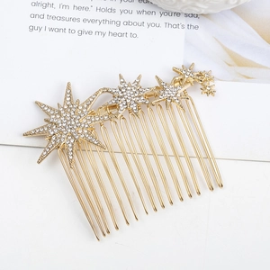 Elegant gold star hair comb with clear rhinestones for bridal hairstyles, top view