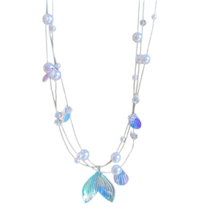 Multi-layer silver necklace with white pearls, faceted beads and iridescent mermaid tail