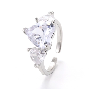 Adjustable silver ring featuring two sparkling heart-shaped pink cubic zirconia stones