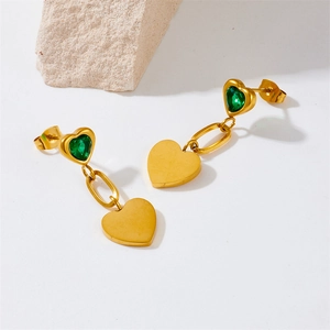 Elegant gold-plated titanium steel heart drop earrings with green zircon crystals
