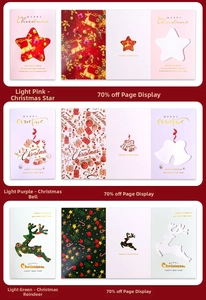 Three-fold Christmas cards with gold foil stars, bells, and reindeer in a red layout
