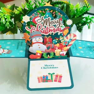Detailed view of 3D Christmas pop-up card box with snowman, gifts, and holiday motifs