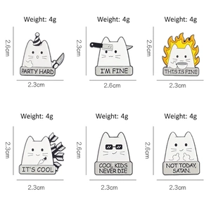 Cartoon white cat enamel pin set with weight and dimension details for 6 pieces