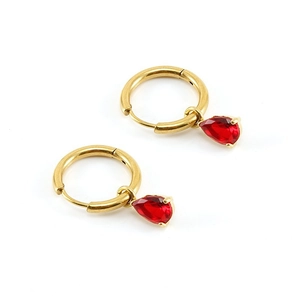 Fashionable gold hoop earrings with red water-drop zircon pendants on a white background