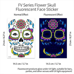 Glow-in-the-dark floral sugar skull tattoo showing normal and UV light comparison effect